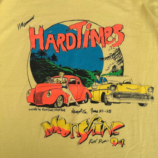Vintage 90s Moonshine Rod Run Car Show T-Shirt Single Stitch Americana Yellow M
