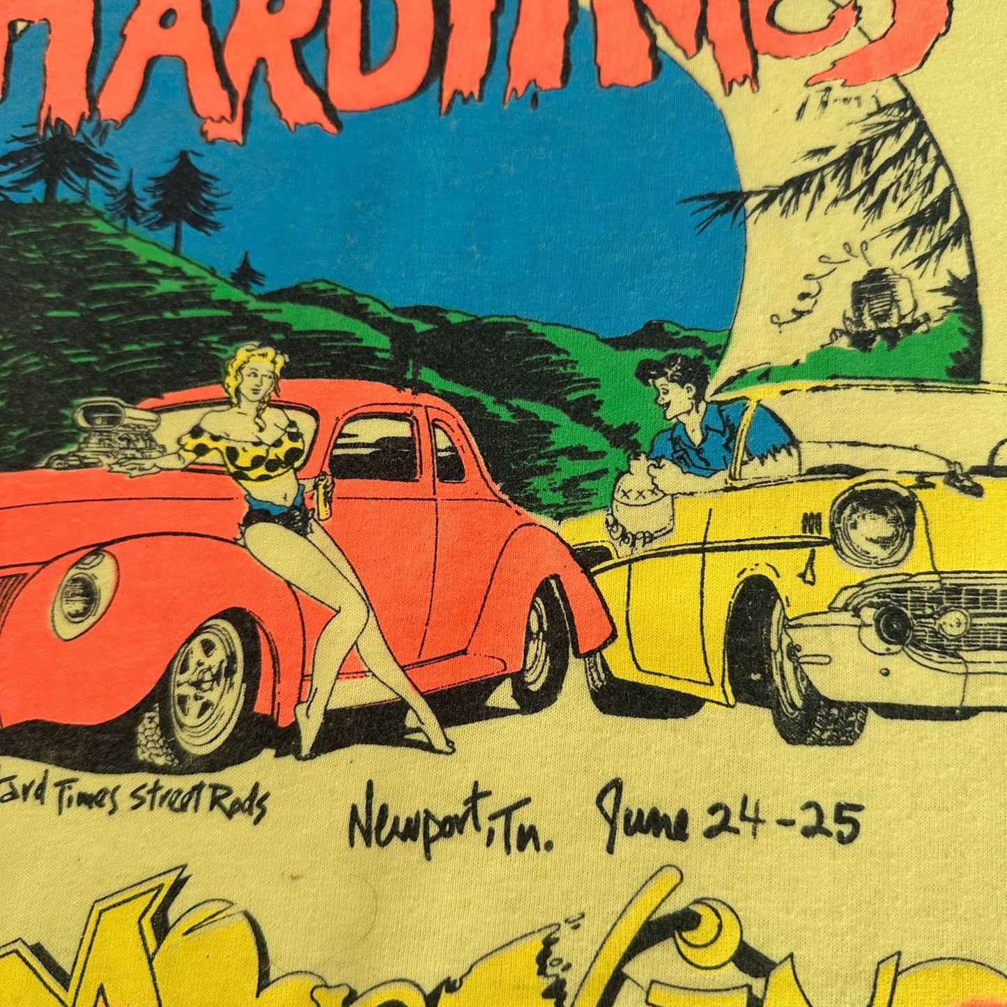 Vintage 90s Moonshine Rod Run Car Show T-Shirt Single Stitch Americana Yellow M