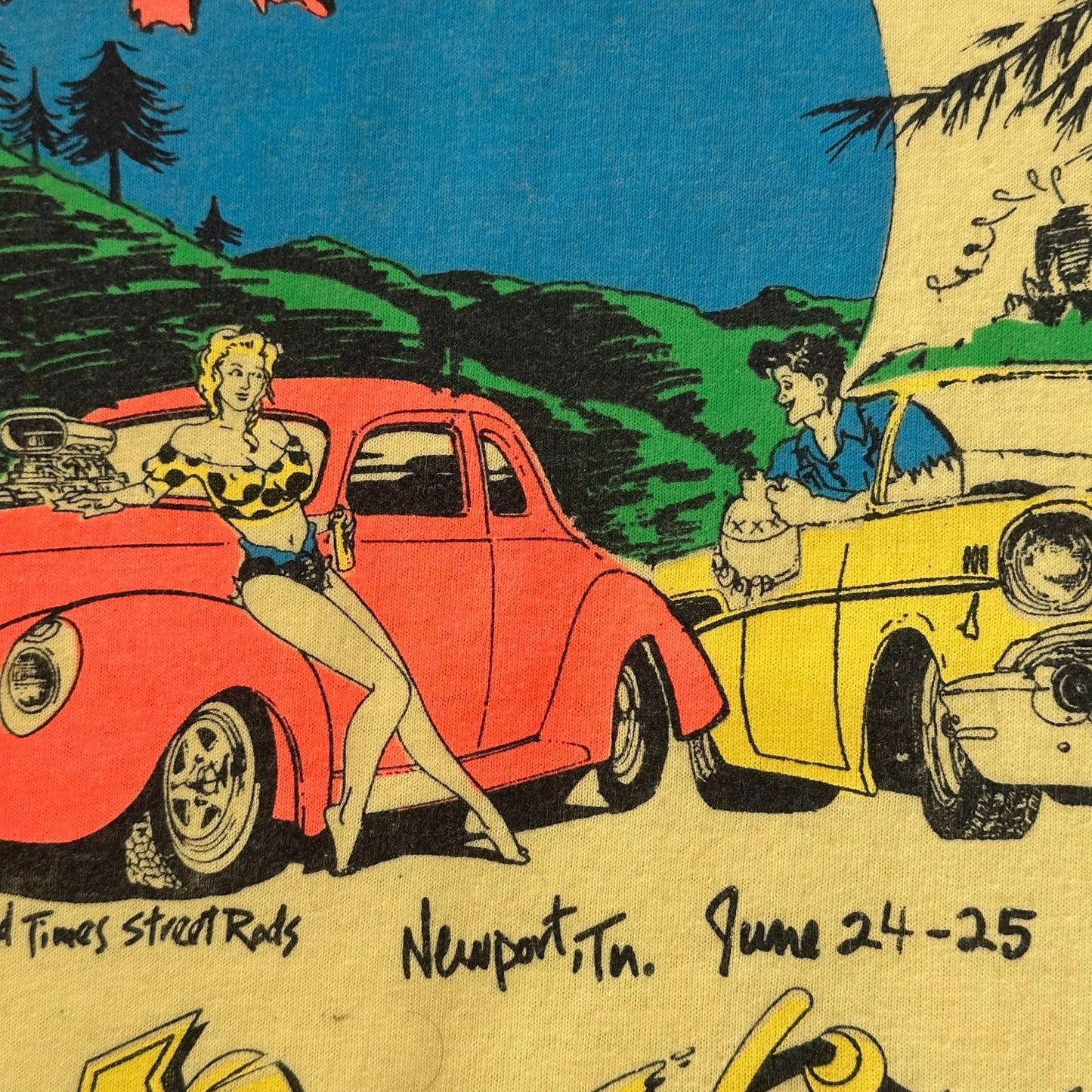 Vintage 90s Moonshine Rod Run Car Show T-Shirt Single Stitch Americana Yellow M