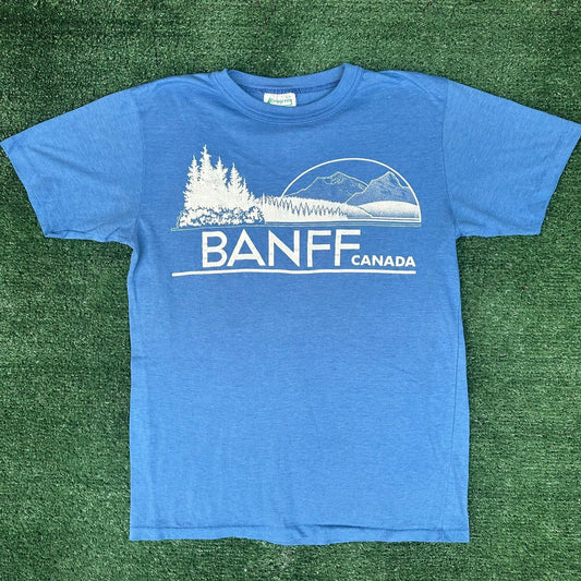 Vintage 80s Banff Canada Landscape T-Shirt Blue S Single Stitch Gorpcore Hiking