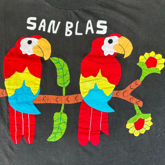 Vintage 80s San Blas Panama Parrot Applique T-Shirt Black XL Colorful Tropical