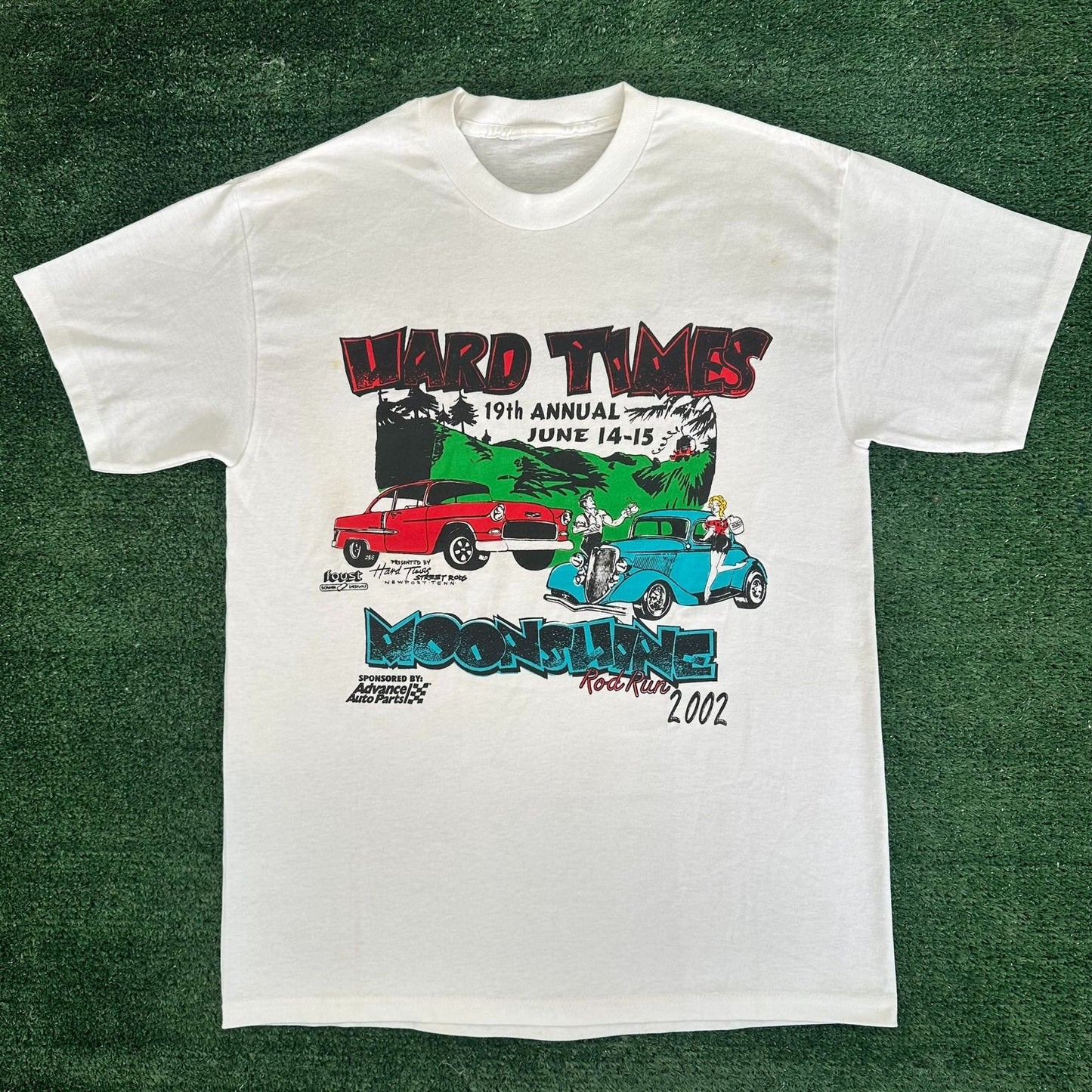 Vintage Y2K Moonshine Rod Run Car Show T-Shirt White M Retro Classic Hot Rod