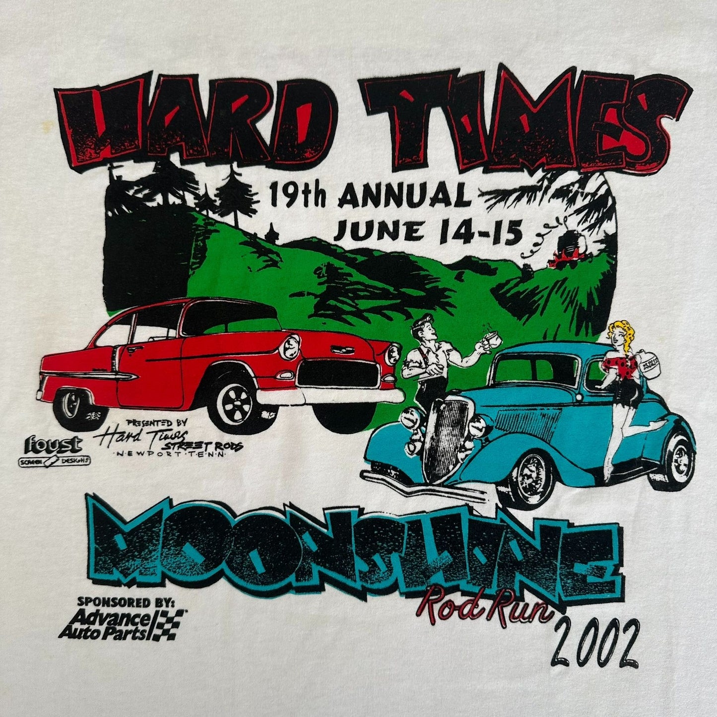 Vintage Y2K Moonshine Rod Run Car Show T-Shirt White M Retro Classic Hot Rod
