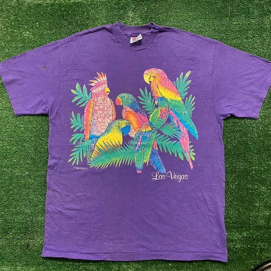 Vintage 90s Las Vegas Tropical Birds Art Single Stitch Tee