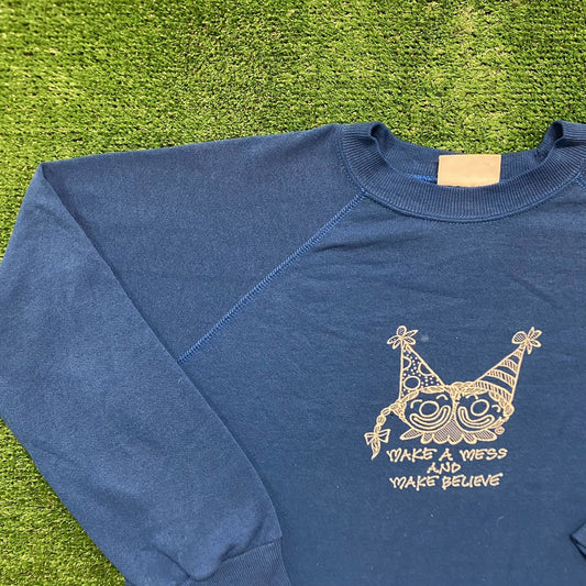 Vintage 80s Clown Sketch Art Blue Crewneck Sweatshirt