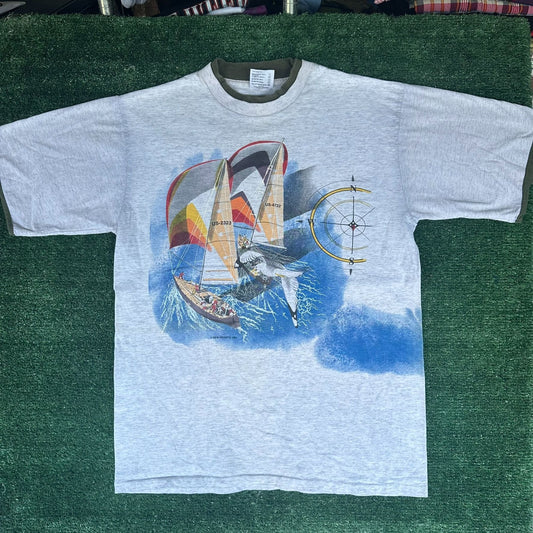 Vintage 90s Sailboat Seagull T-Shirt Gray L Single Stitch Nautical Coastal 1994