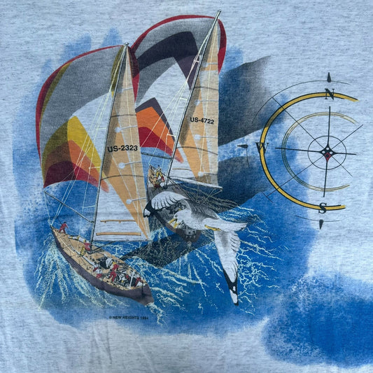 Vintage 90s Sailboat Seagull T-Shirt Gray L Single Stitch Nautical Coastal 1994