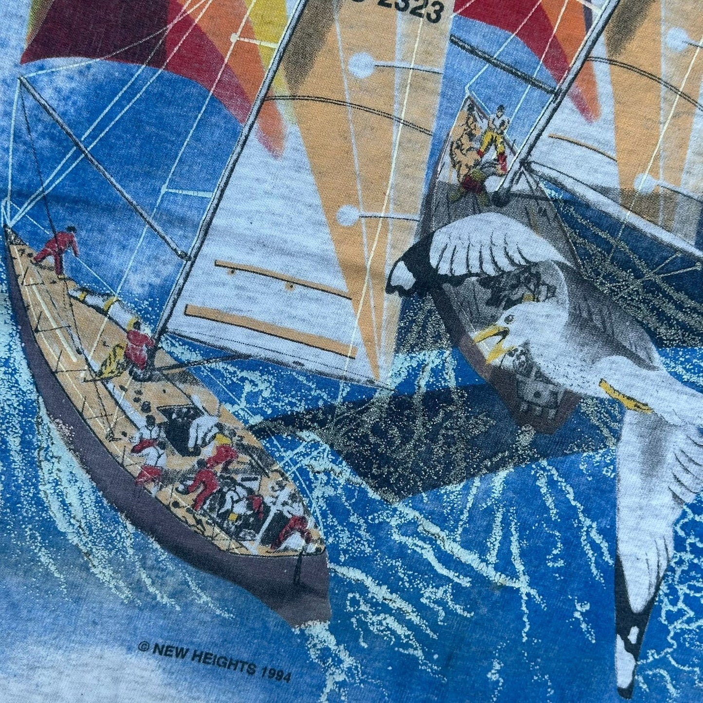 Vintage 90s Sailboat Seagull T-Shirt Gray L Single Stitch Nautical Coastal 1994
