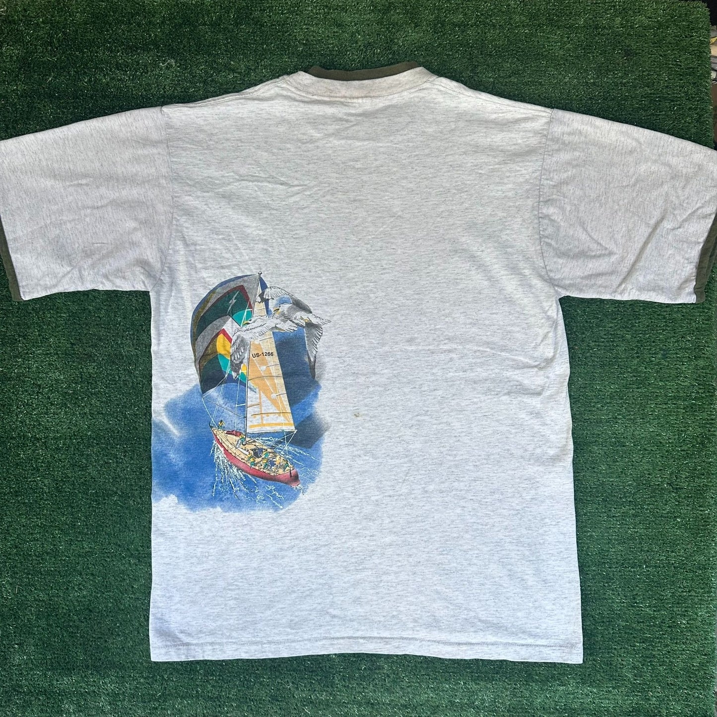 Vintage 90s Sailboat Seagull T-Shirt Gray L Single Stitch Nautical Coastal 1994
