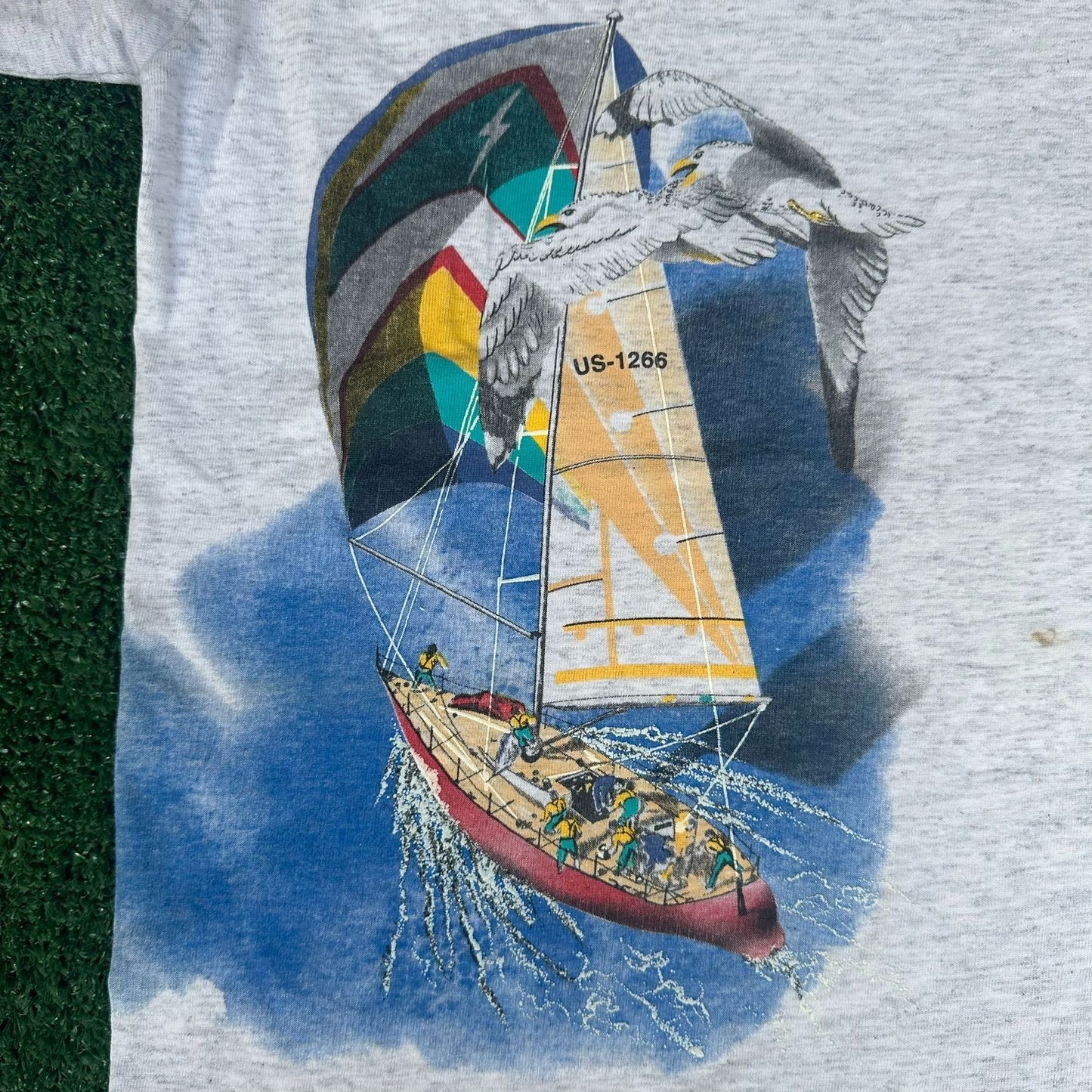 Vintage 90s Sailboat Seagull T-Shirt Gray L Single Stitch Nautical Coastal 1994