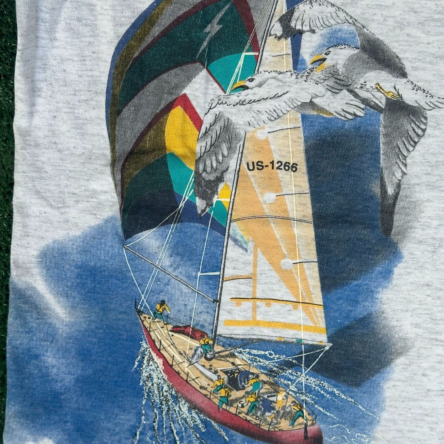Vintage 90s Sailboat Seagull T-Shirt Gray L Single Stitch Nautical Coastal 1994