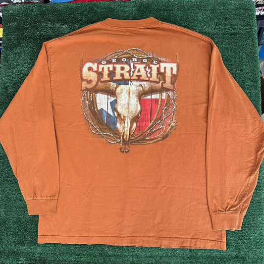 Vintage Y2K George Strait Texas T-Shirt Long Sleeve Orange XL Country Music