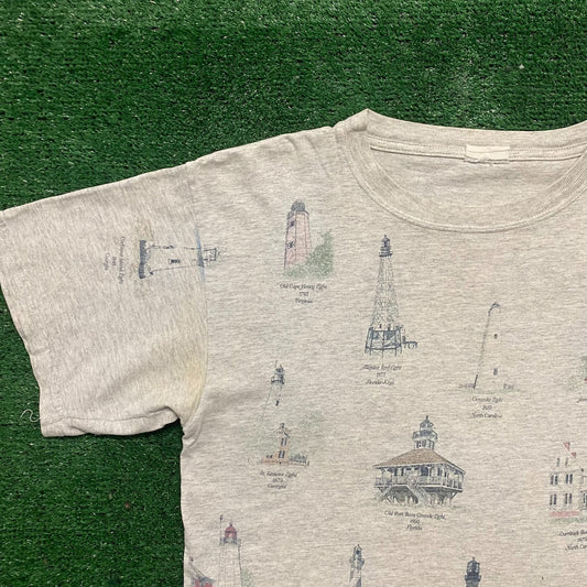 Vintage 90s Lighthouse Print AOP Shirt Preppy Nautical Tee