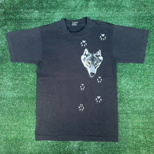 Vintage 90s Wolf Nature T-Shirt Gorpcore Wildlife Granola Single Stitch Black S