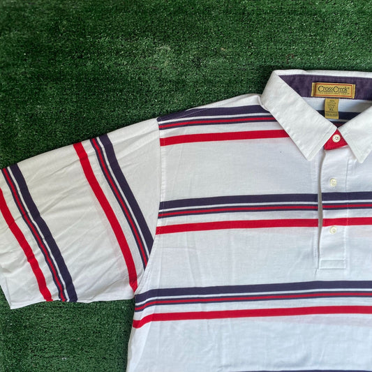 Vintage 80s Striped Polo Shirt White Golf Country Club Preppy