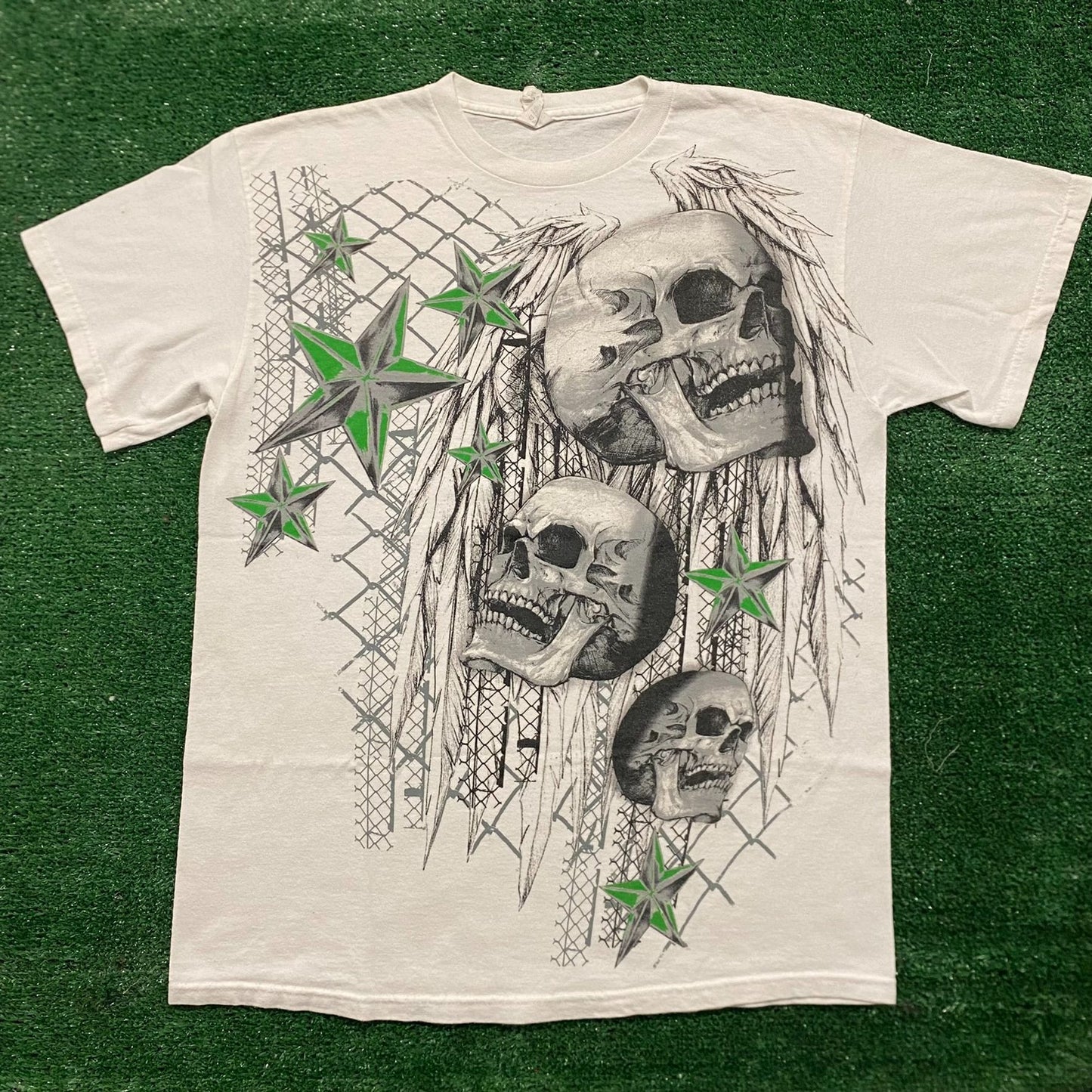 Vintage Y2K Skull Stars Art Gothic Punk Metal AOP White Tee