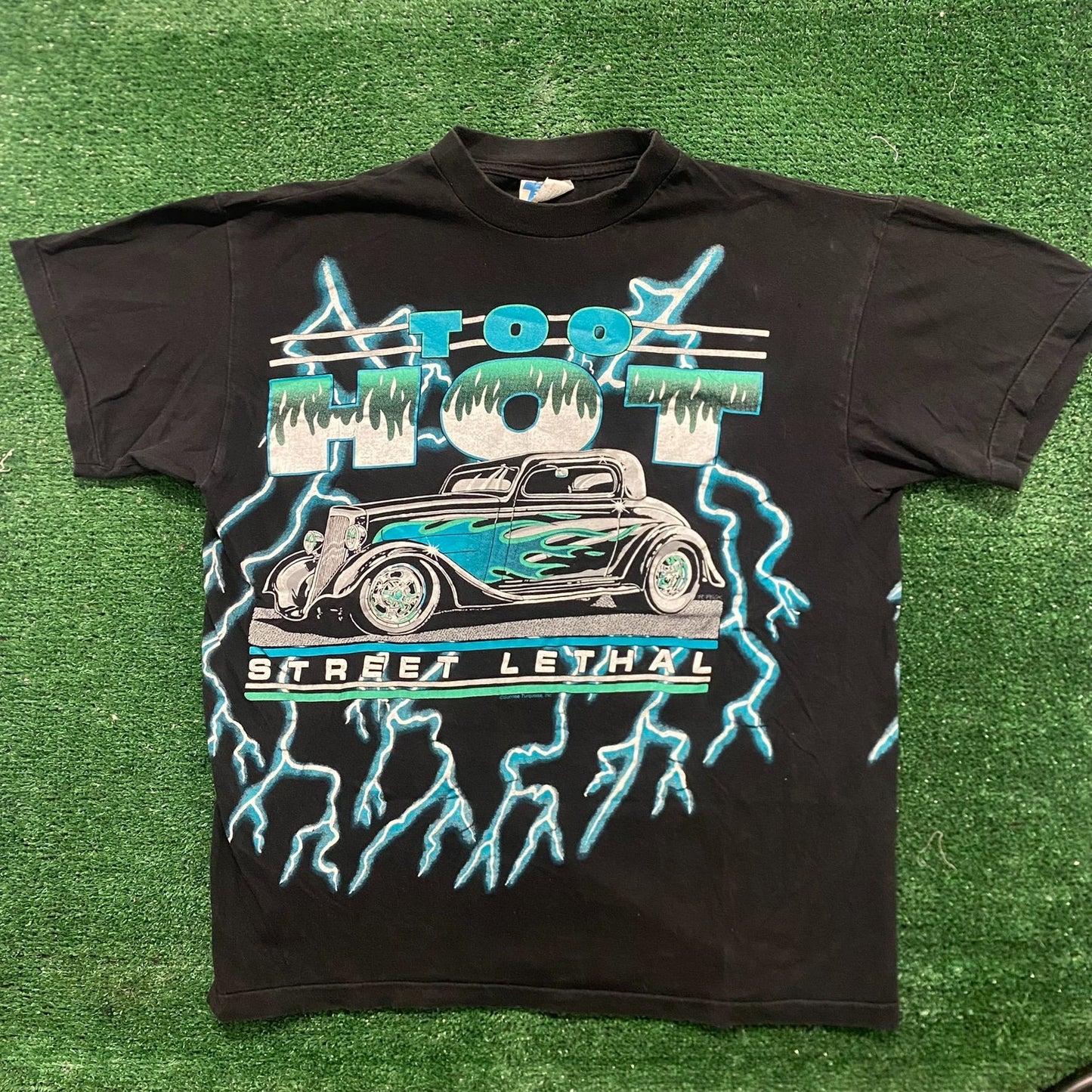 Vintage 90s American Thunder Shirt Hot Rod Racing AOP Tee