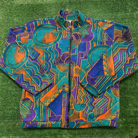 Vintage 90s Geometric Fleece Zip Sweatshirt Colorful Jacket