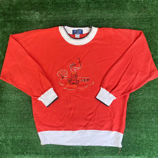 Vintage 90s Woman Golfing Sweatshirt Preppy Red Crewneck