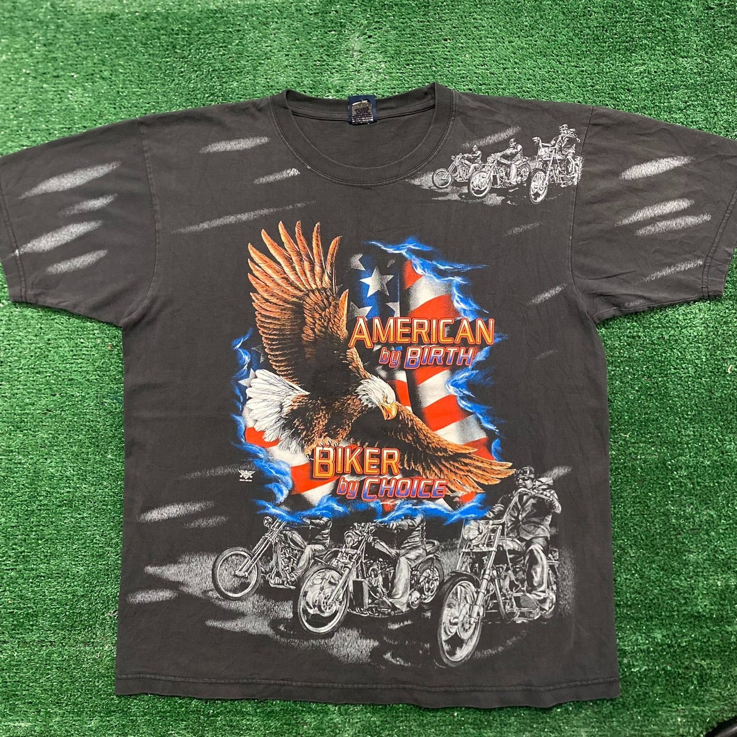 Vintage 90s Essential Biker By Choice USA Punk AOP T-Shirt