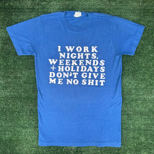 Vintage 80s Funny Work Humor T-Shirt Blue S Single Stitch Edgy Sarcasm Skater