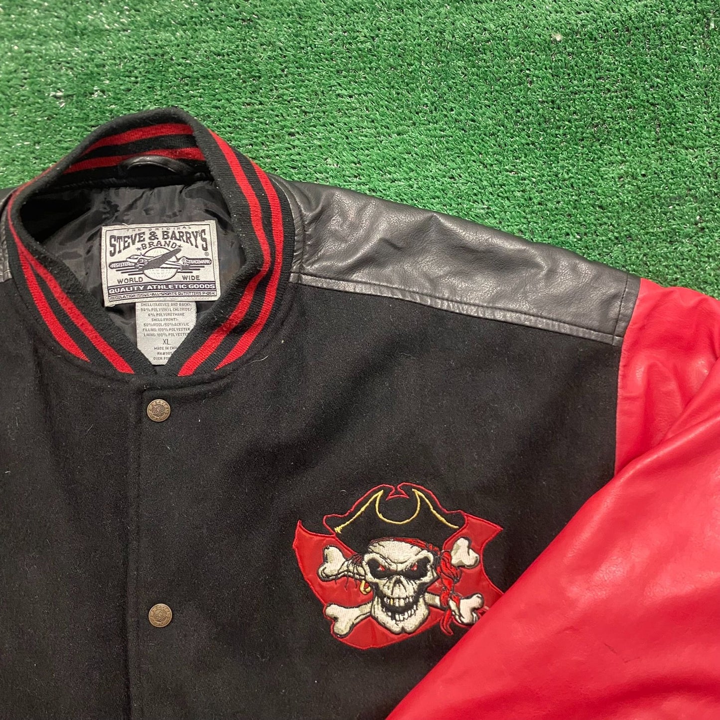 Vintage Y2K Pirate Skull Rum Vegan Leather Varsity Jacket