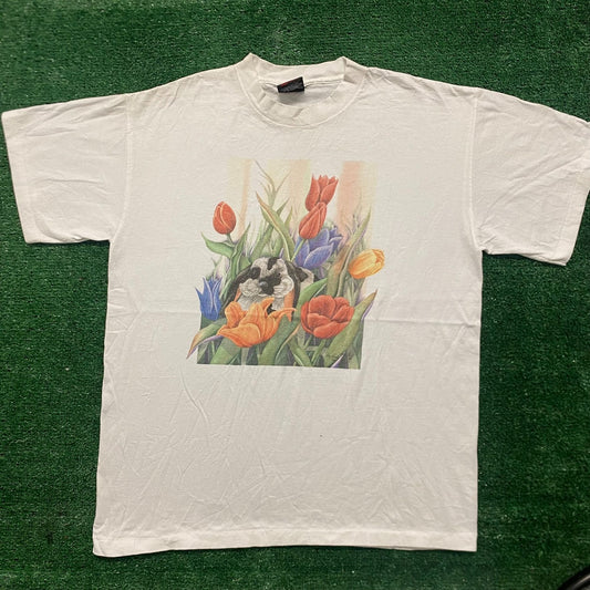 Vintage 90s Rabbit Flower Cute Nature Art Single Stitch Tee