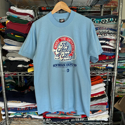 Vintage 80s Iowa Soybean Expo T-Shirt Farmer Agriculture Single Stitch Blue L