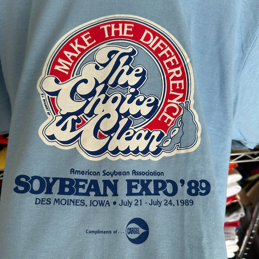 Vintage 80s Iowa Soybean Expo T-Shirt Farmer Agriculture Single Stitch Blue L