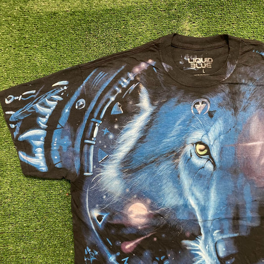 Vintage Y2K Liquid Blue Wolf Spirit AOP Essential Nature Tee