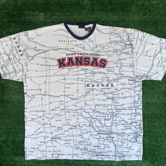 Vintage 90s Kansas Map AOP Shirt Highway City Over Print Tee