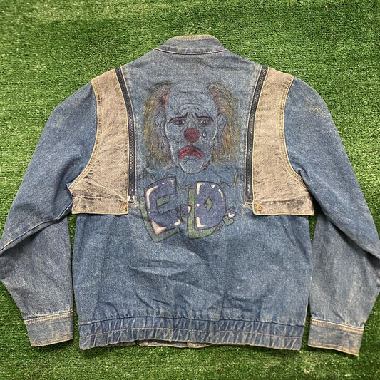 Vintage 90s Denim Bomber Jacket Convertible Vest Clown Art