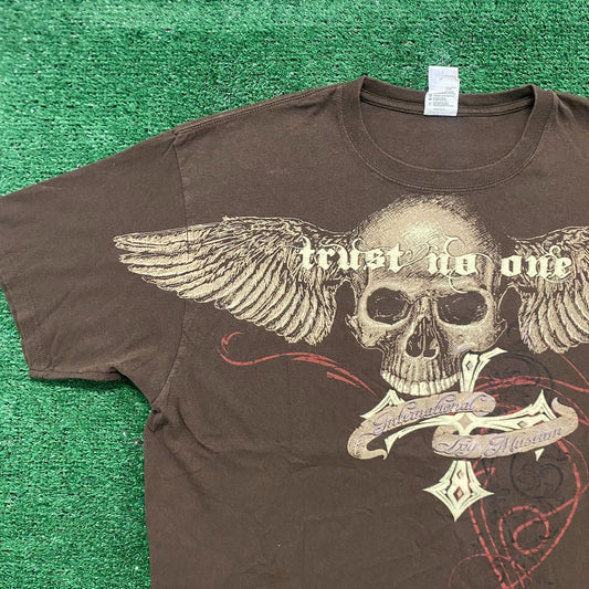 Vintage Y2K Trust No One Winged Skull Tonal Goth T-Shirt