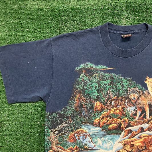 Vintage 90s Wolf Nature Landscape Art Single Stitch Tee