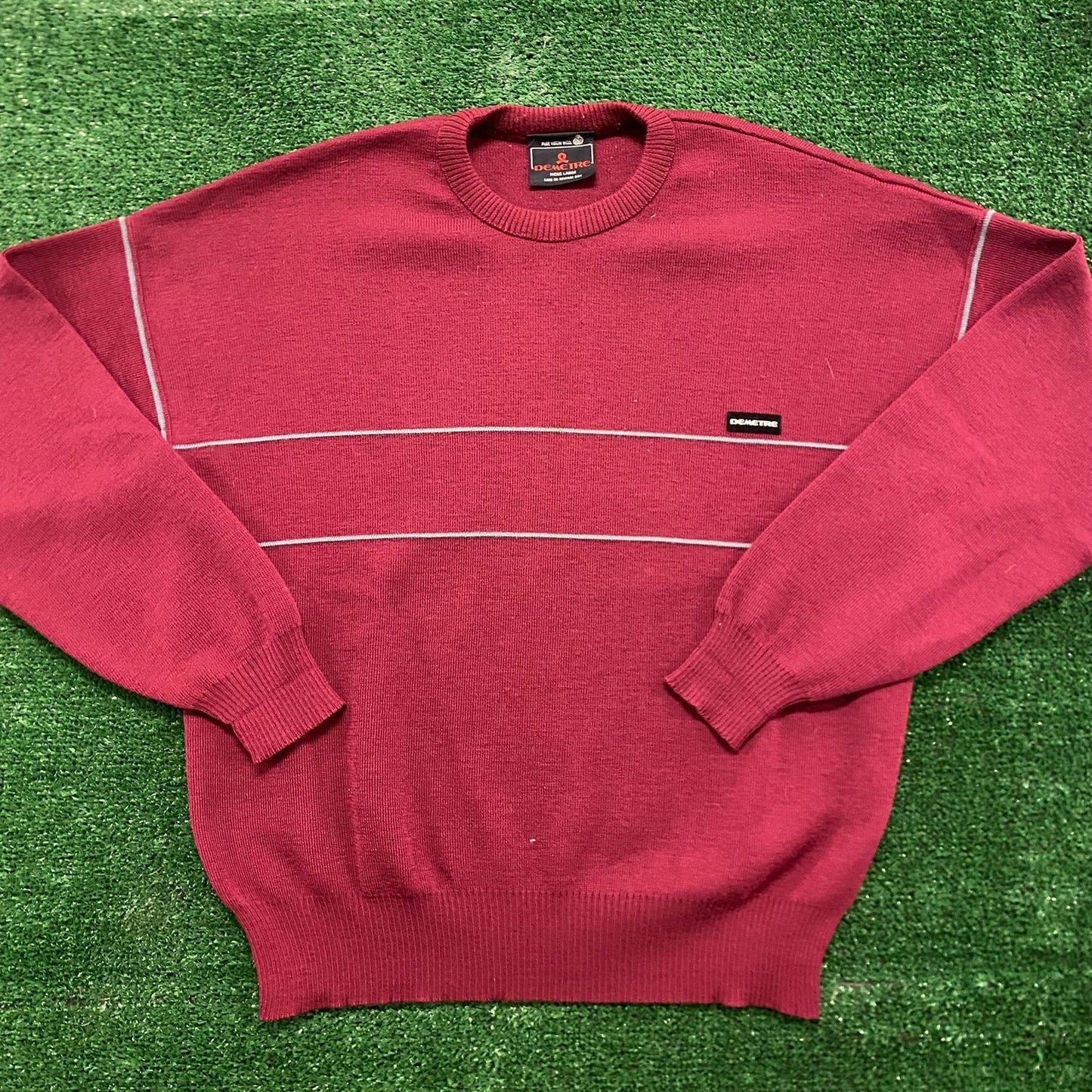 Burgundy Virgin Wool Striped Vintage Knit Crewneck Sweater