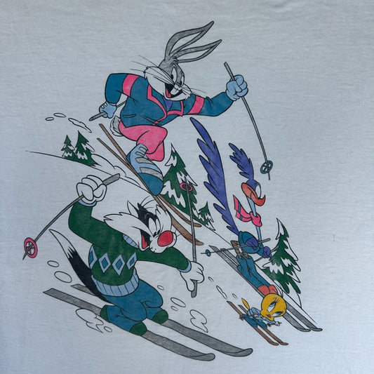 Vintage 90s Looney Tunes Skiing T-Shirt White XL Bugs Bunny Tweety Road Runner