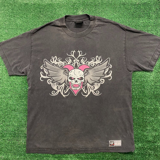 Vintage Y2K Sun Faded Cyber Goth Heart Skull WWE T-Shirt