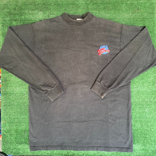 Vintage 90s Planet Hollywood Shirt Sun Faded Black Logo Tee