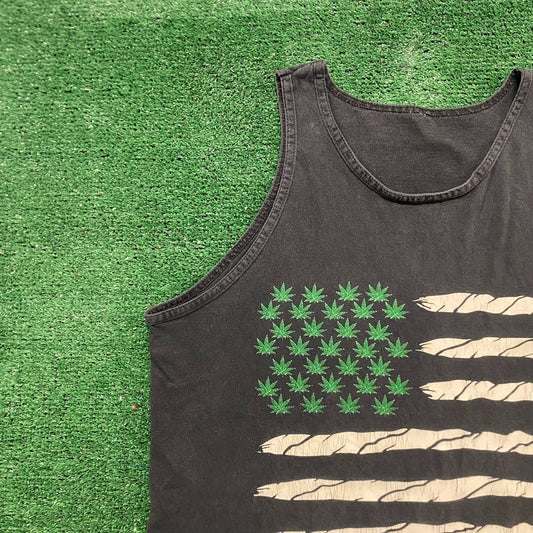 Vintage Y2K Weed Joints USA Flag Sun Faded Punk Stoner Tank