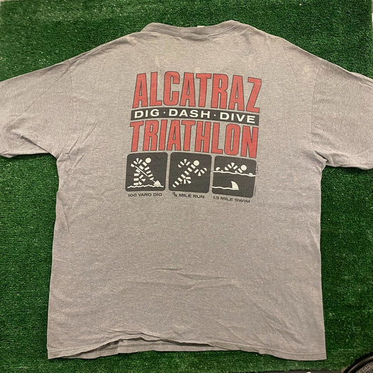 Vintage Y2K Thrashed Alcatraz Triathlon Prison Humor T-Shirt