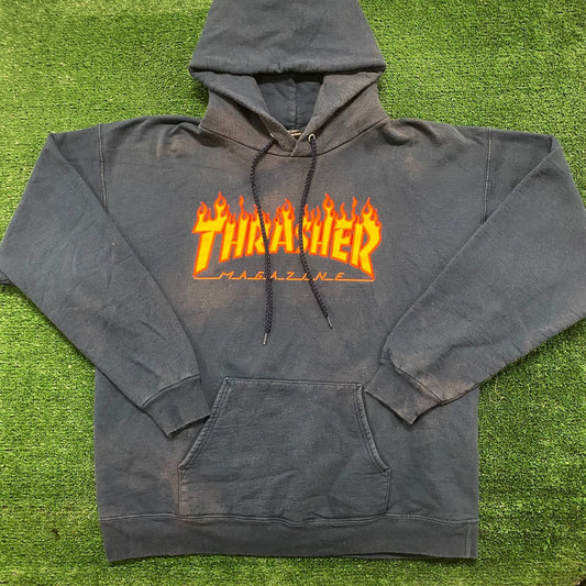 Vintage Y2K Thrasher Magazine Flame Logo Faded Navy Hoodie