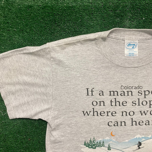 Vintage 90s Men Skiing Humor Shirt Gray Funny Quote Tee