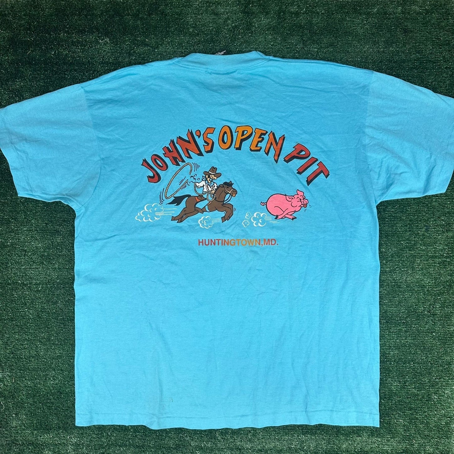 Vintage 90s Barbeque Cowboy T-Shirt Blue XL Single Stitch BBQ Western Souvenir
