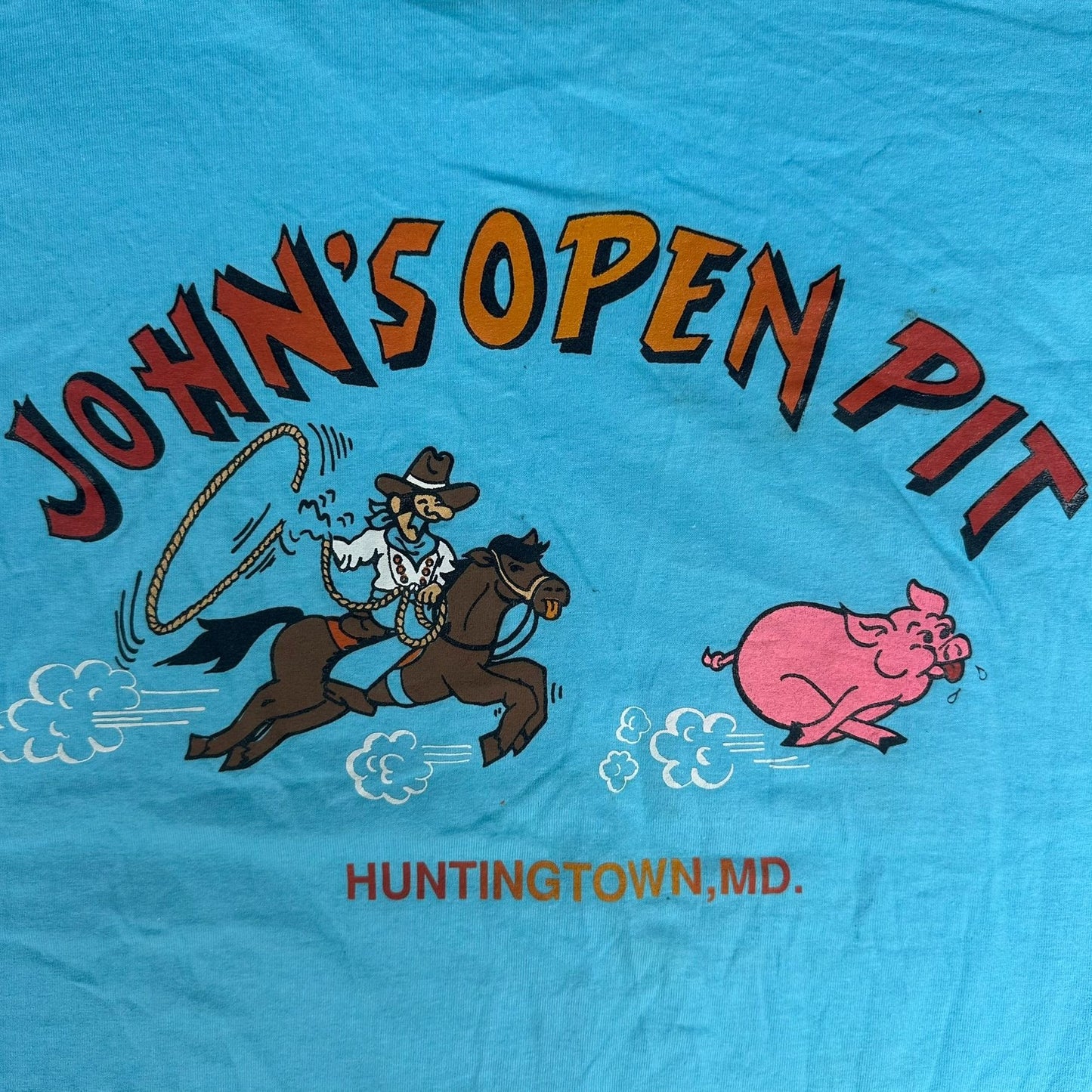 Vintage 90s Barbeque Cowboy T-Shirt Blue XL Single Stitch BBQ Western Souvenir
