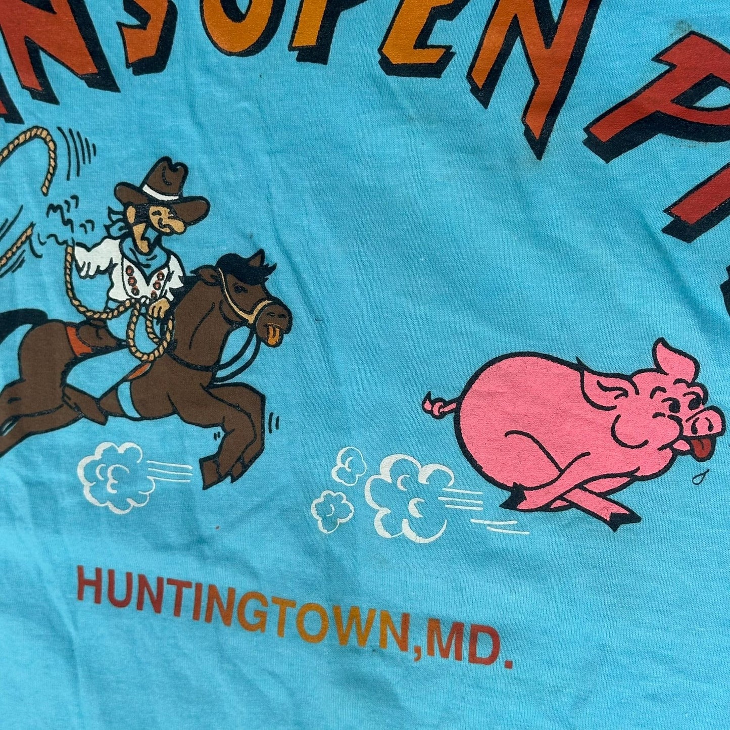 Vintage 90s Barbeque Cowboy T-Shirt Blue XL Single Stitch BBQ Western Souvenir