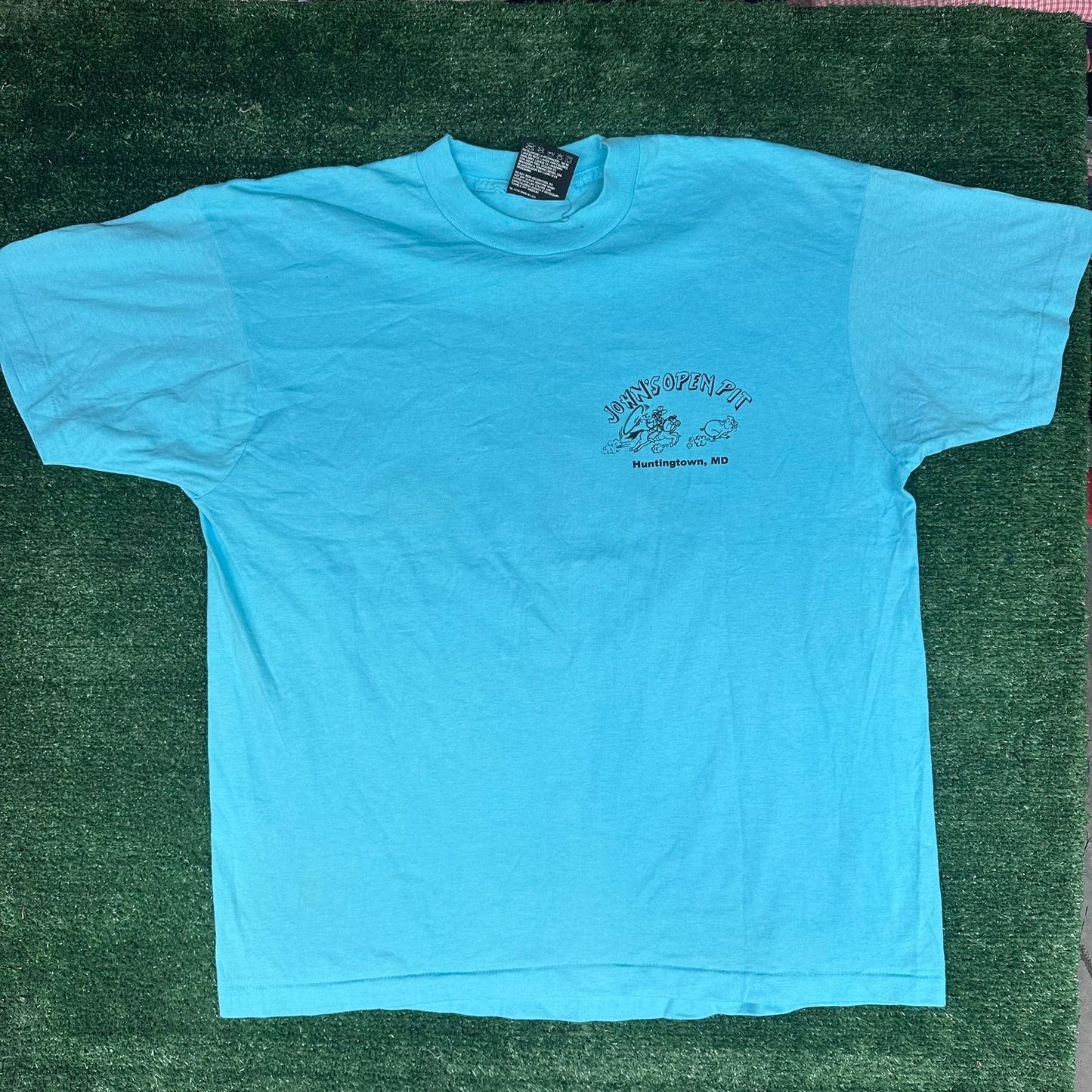 Vintage 90s Barbeque Cowboy T-Shirt Blue XL Single Stitch BBQ Western Souvenir