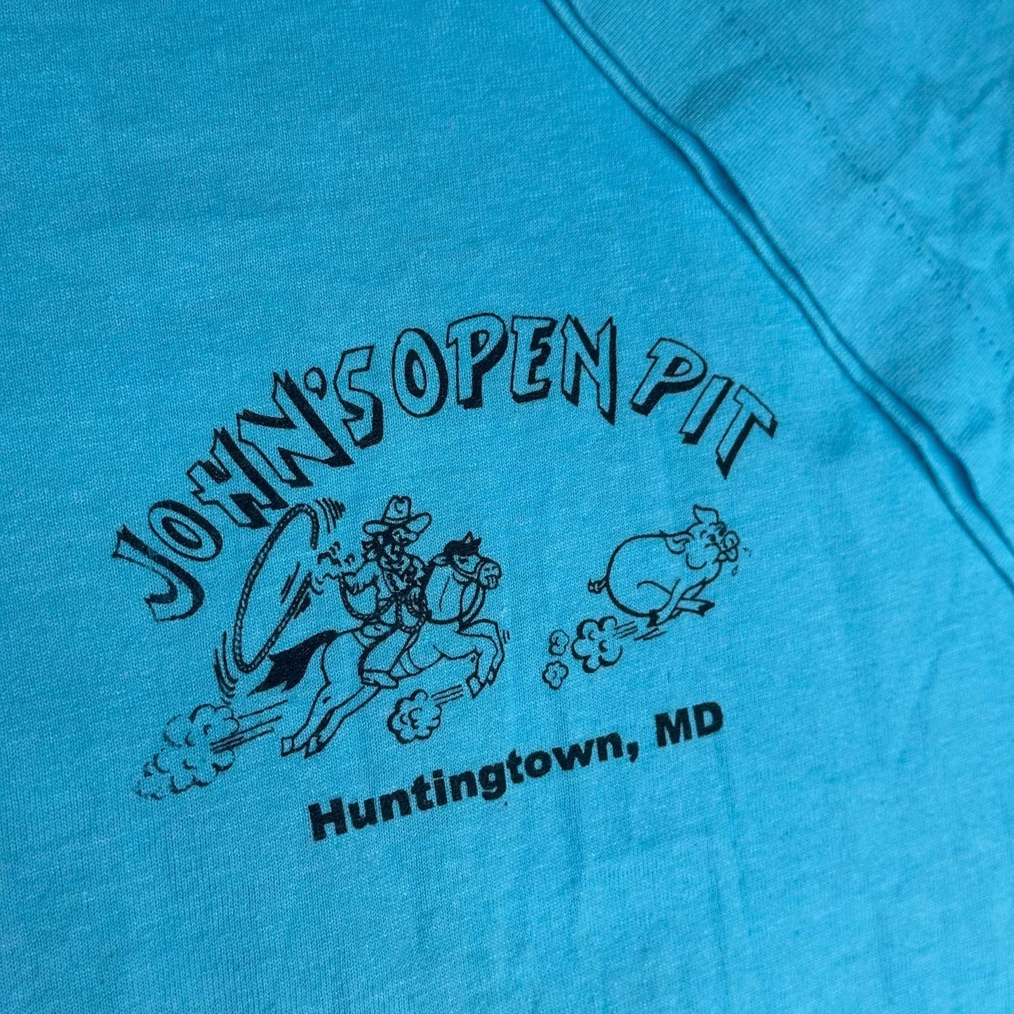 Vintage 90s Barbeque Cowboy T-Shirt Blue XL Single Stitch BBQ Western Souvenir