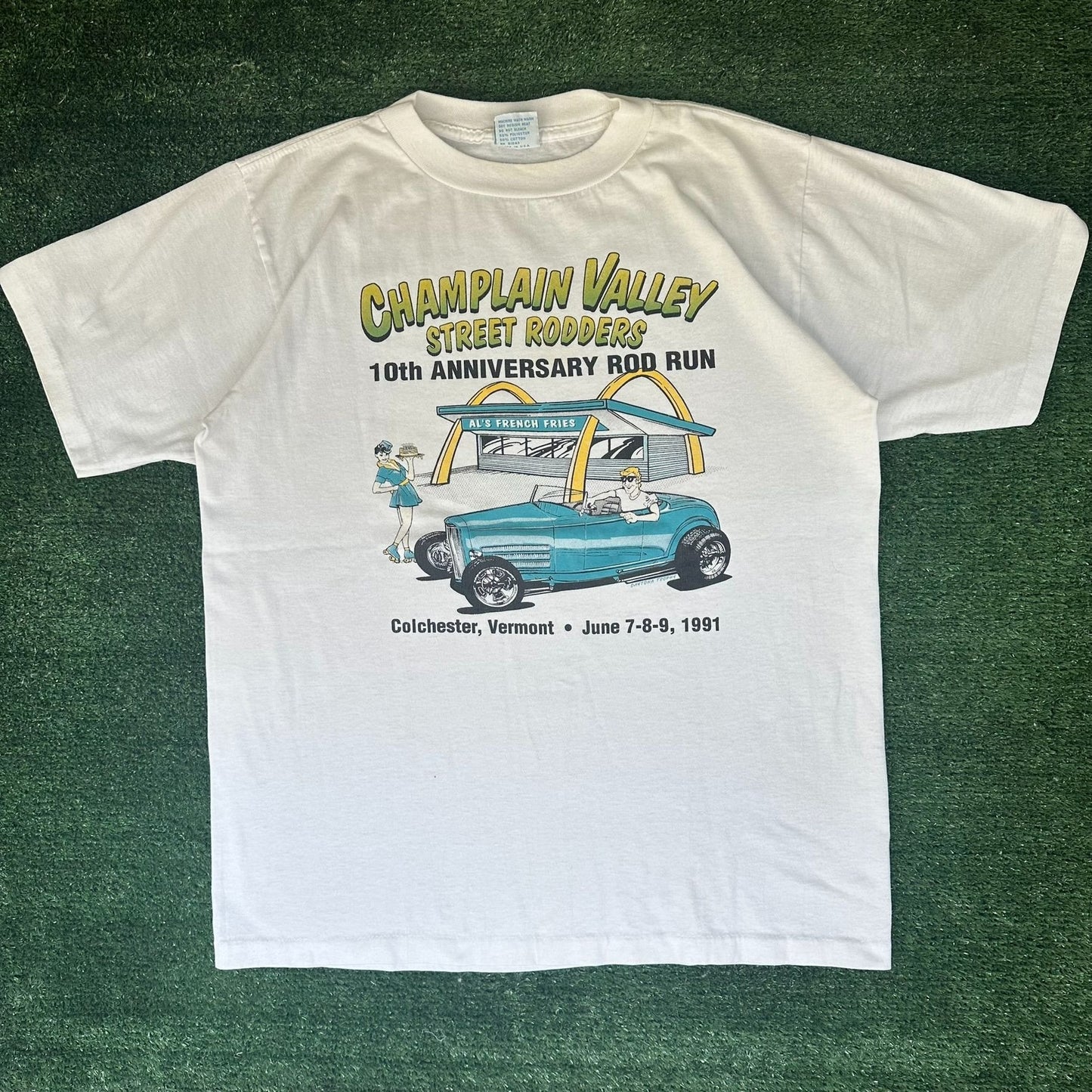 Vintage 90s Champlain Valley Hot Rod Run T-Shirt Single Stitch White Large