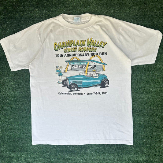 Vintage 90s Champlain Valley Hot Rod Run T-Shirt Single Stitch White Large