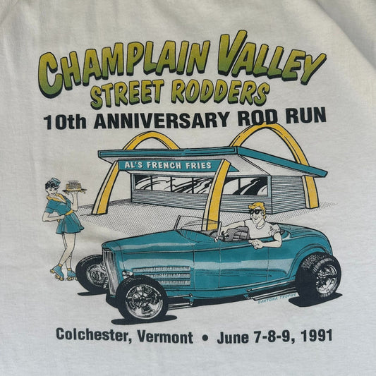 Vintage 90s Champlain Valley Hot Rod Run T-Shirt Single Stitch White Large